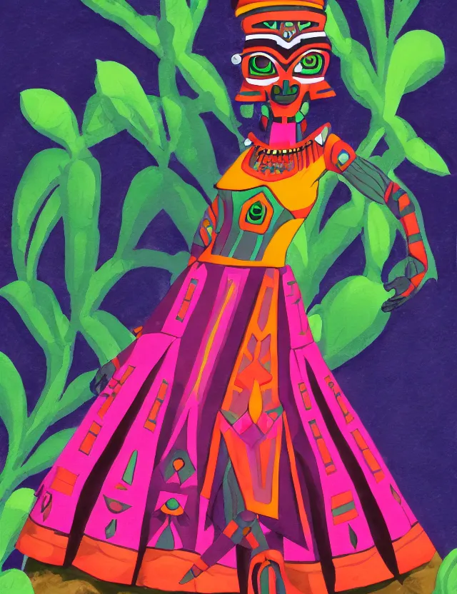 Prompt: aztec scifi pricess of the cloud forest, wearing a lovely dress. this gouache painting by the award - winning animator has an interesting color scheme and impeccable lighting.