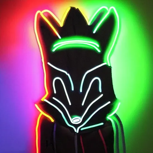 Image similar to a fox wearing a black hoodie with glowing neon stripes, in the style of anime