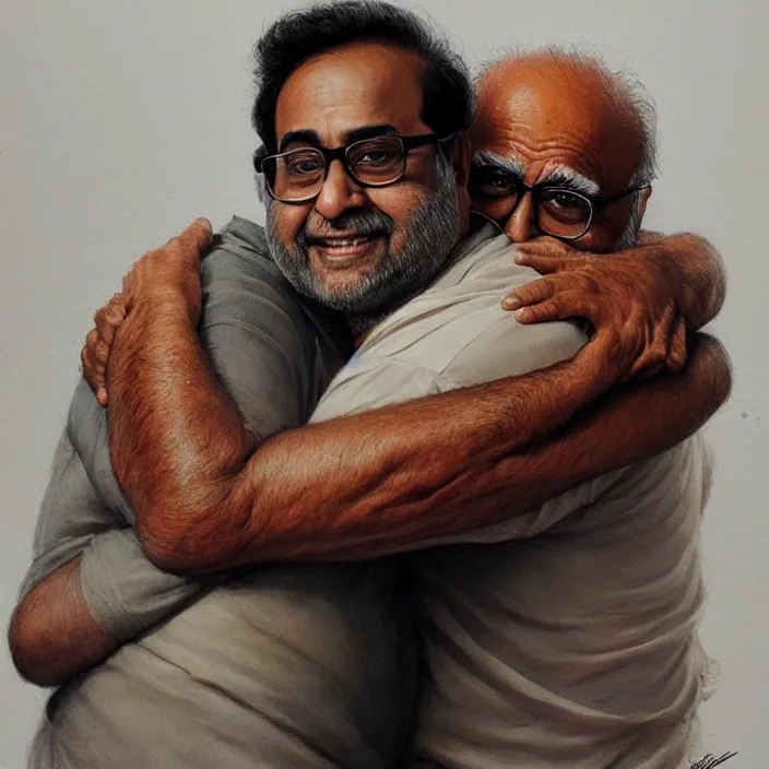 Prompt: portrait of tall indian man hugging danny devito, elegant, real life skin, intricate artwork, high detailed, artstation, concept art, smooth, sharp focus, art by artgerm and greg rutkowski