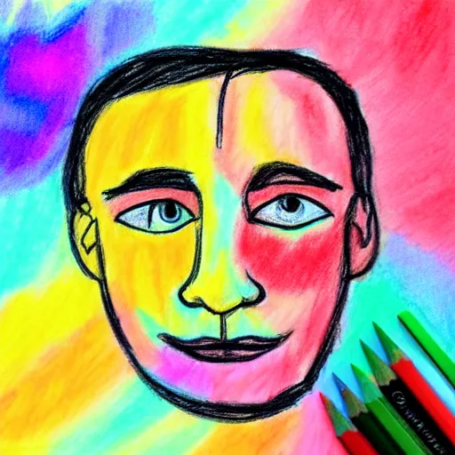 Prompt: a colorful crayon drawing of a face on a paper plate