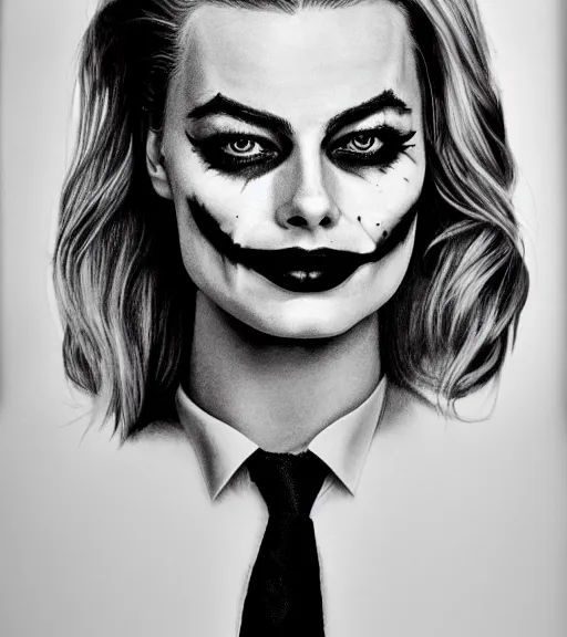 Image similar to photographic still of the beautiful margot robbie portrait with joker makeup, in the style of den yakovlev, realistic face, black and white, realism tattoo, hyper realistic, highly detailed, award winning drawing