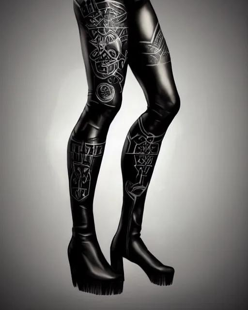 Image similar to Perfect leggings pattern imitating tattooes, focus on the pants and boots with graved runes, close-up on legs, highly detailed, digital painting, artstation, concept art, smooth, sharp focus, illustration, art by Artgerm and Hajime Sorayama