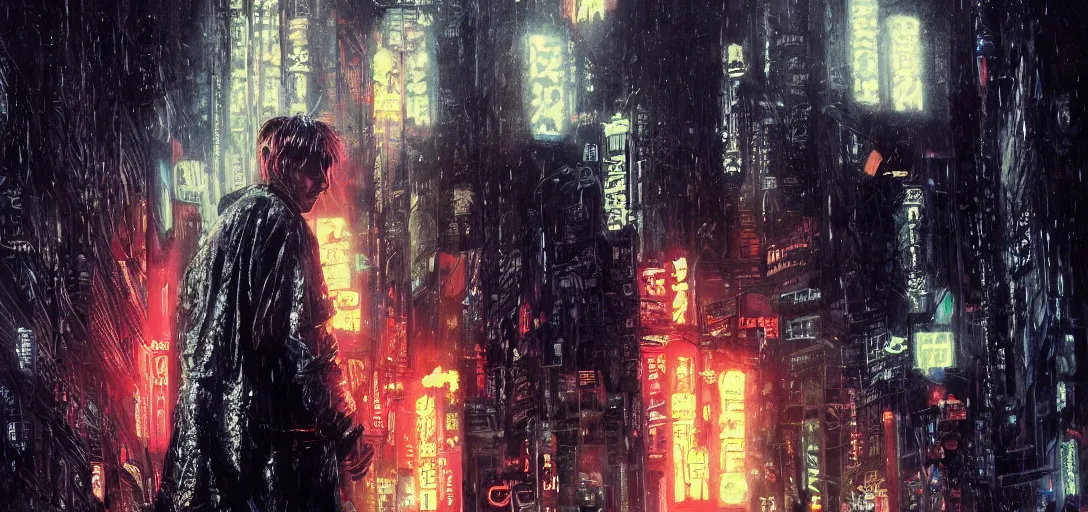 Image similar to detailed film still portrait of marty mcfly in the movie blade runner, cyberpunk futuristic, neon, reflective puffy coat, decorated with traditional japanese by smail inceoglu dragan bibin hans thoma greg rutkowski alexandros pyromallis nekro, illustrated, fine details, realistic shaded, fine - face,