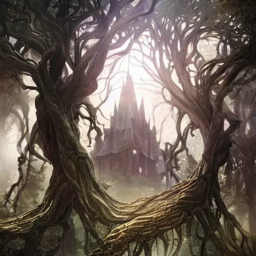 Image similar to “a magic academy, similar to Hogwarts and Strixhaven, with a giant tree in the background, yggdrasil, D&D, fantasy, intricate, cinematic lighting, highly detailed, digital painting, artstation, concept art, smooth, sharp focus, illustration, art by Artgerm and Greg Rutkowski and Alphonse Mucha”
