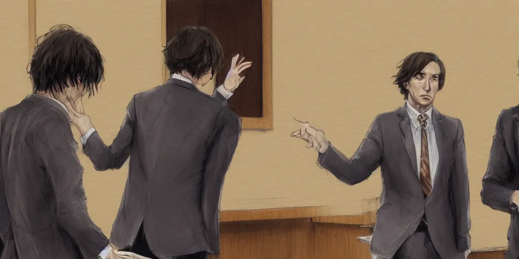 Prompt: Saul Goodman meets Osamu Dazai in court, Photorealistic art, 4K