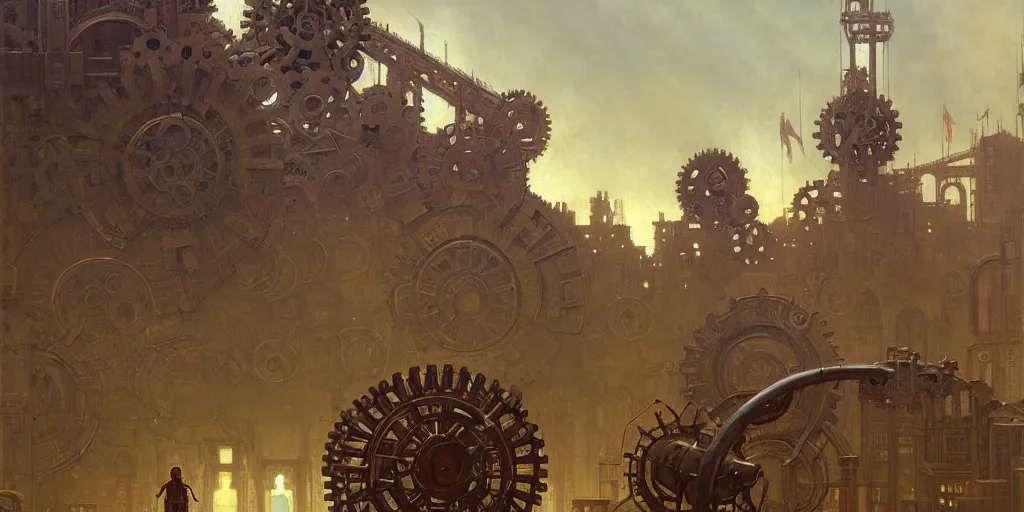 Image similar to giant interlocked gears cogs, giant geometric mechanisms floating in space, industry, villages castles, buildings vista artstation illustration sharp focus vista painted by ruan jia raymond swanland lawrence alma tadema zdzislaw beksinski norman rockwell tom lovell alex malveda greg staples