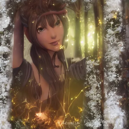 Image similar to focus face portrait of beautiful darkness knight 3D anime girl, golden armor wearing, dark forest background, snowing, bokeh, inspired by Masami Kurumada, digital painting, high contrast, unreal engine render, volumetric lighting, high détail