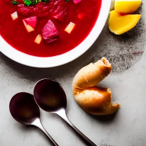 Image similar to a bowl of borscht wearing cat ears, award winning food photo, 4 k, delicious, polish food, high quality