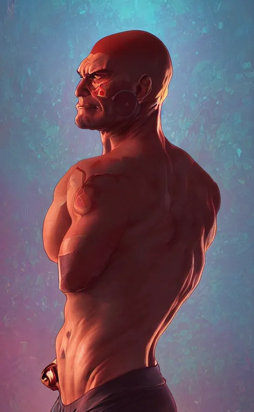 Prompt: Drax the Destroyer, highly detailed, digital painting, artstation, standing, facing camera, concept art, smooth, sharp focus, illustration, art by artgerm and alphonse mucha, high definition digital art, dramatic lighting, in the style of ilya kuvshinov and Ross tran