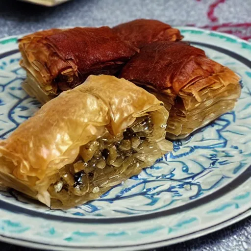 Prompt: baklava wearing a baclava while playing balalaika on black lava