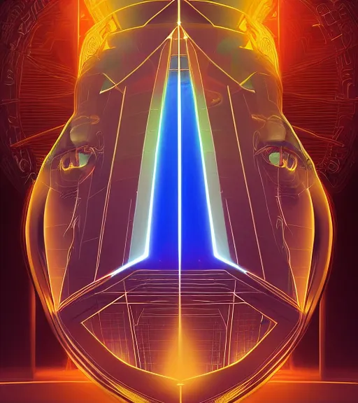 Image similar to symmetry!! egyptian god of technology, solid cube of light, hard edges, product render retro - futuristic poster scifi, lasers and neon circuits, brown skin egyptian god, intricate, elegant, highly detailed, digital painting, artstation, concept art, smooth, sharp focus, illustration, dreamlike, art by artgerm