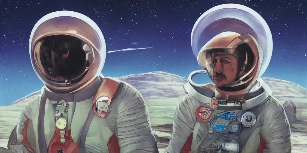 Image similar to a portrait of stallone pilot in spacesuit on roof over field forrest spaceship station landing laying lake artillery outer worlds in FANTASTIC PLANET La planète sauvage animation by René Laloux