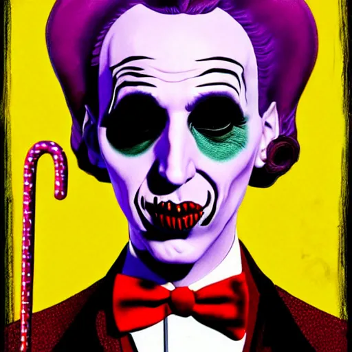 Image similar to graphic illustration, creative design, willy wonka as marilyn manson, biopunk, francis bacon, highly detailed, hunter s thompson, concept art