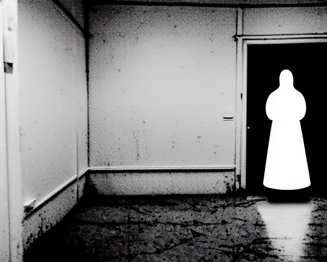 Image similar to creepy woman wearing white dress standing in the backrooms, psychological horror, the eerie forlorn atmosphere of a place that's usually bustling with people but is now abandoned and quiet, buzzing fluorescent lights above the ceiling, unsettling images, liminal space, dark