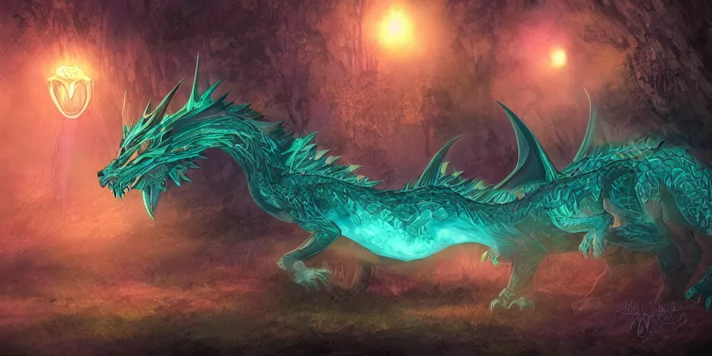 Prompt: mysterious glowing dragon at night, in the forest, digital art