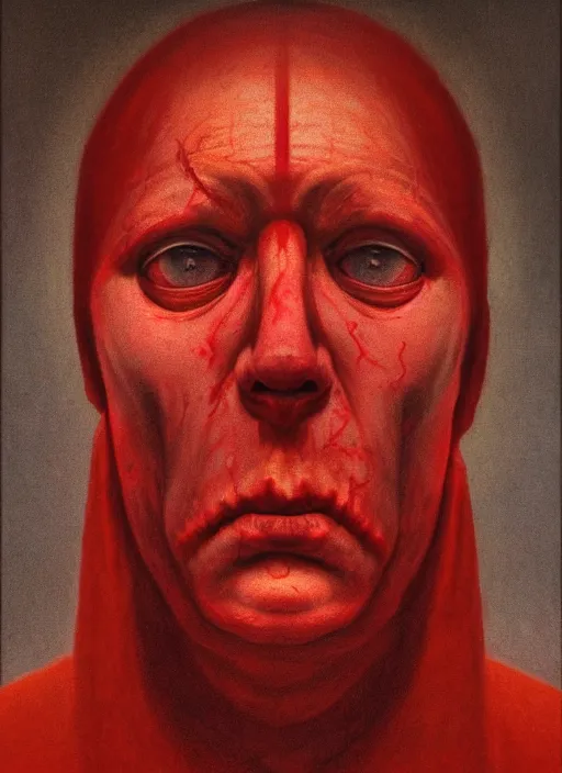 Prompt: lord loss, king of hell & sadness, book portrait, pale red, lumpy skin, he has very dark - red eyes with even darker red pupils. symmetric lights and fog, in the style of zdzislaw beksinski, glowing light and shadow, hyperrealist, 8 k