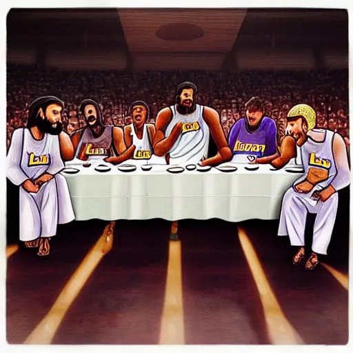 Prompt: the last supper but with the basketballplayers of la lakers instead of jesus and his followers