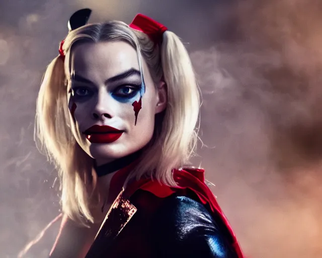Image similar to Margot Robbie as a harley quinn smoking a cigarette, smoke cloud, cinematic, 4k, hyper realistic, super detailed