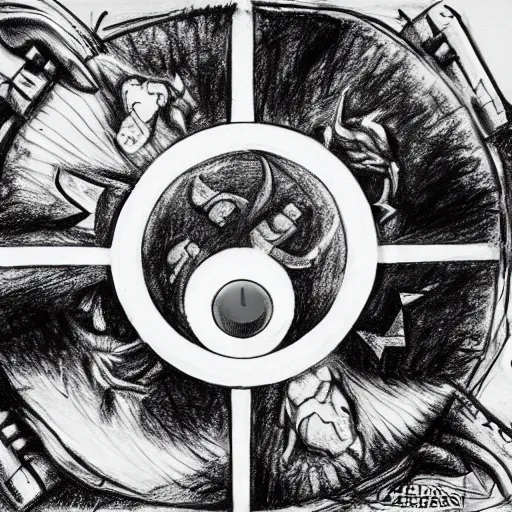 Prompt: a flag with yin - yang symbol on top of a armored battle tank in the middle of a world war 3 battlefield, a detailed pencil drawing by an alien from the future