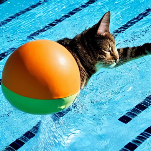 Prompt: cat with floating bouy enjoying a swim at the pool