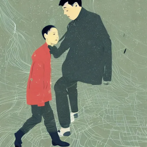 Image similar to a son imitate his father, illustration by victo ngai