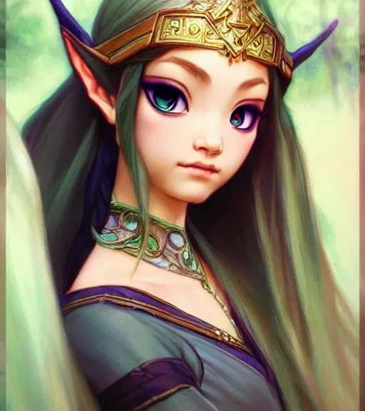 Image similar to portrait of disney zelda twilight princess!!!!!, intricate, elegant, highly detailed, digital painting, artstation, concept art, smooth, sharp focus, illustration, art by artgerm and greg rutkowski and alphonse mucha and uang guangjian and gil elvgren and sachin teng and wlop, symmetry!!