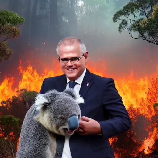 Image similar to Prime Minister Scott Morrison selfie by a forest fire, not holding a hose, smoke, koala bear in tree, cinematic, hyper realism, high detail, vivid colors, octane render, unreal engine, 8k