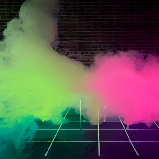 Prompt: muted-neon-color-smoke wisps waft on a current of air through a low energy cluttered parlor and coalesce onto the floor into a close-up outline reminiscent of a high-energy racing horse crossing the finish line.