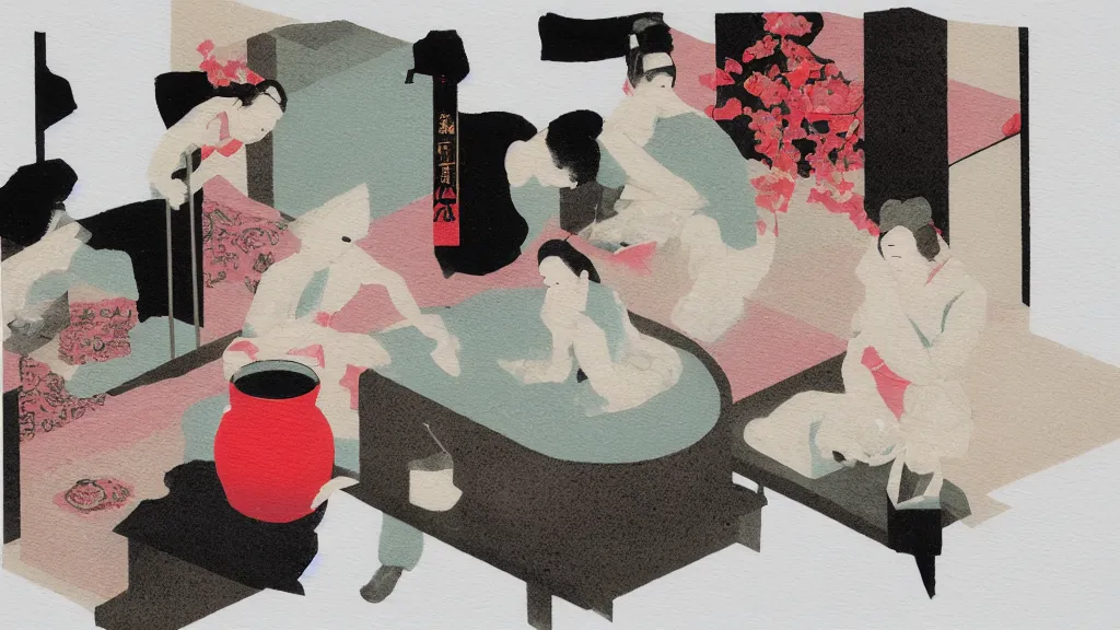 Image similar to a small tea ceremony, japan, a collage painting, in the style of wes anderson, lola dupre, david hockney, isolated on negative white space background dark monochrome neon spraypaint accents volumetric octane render