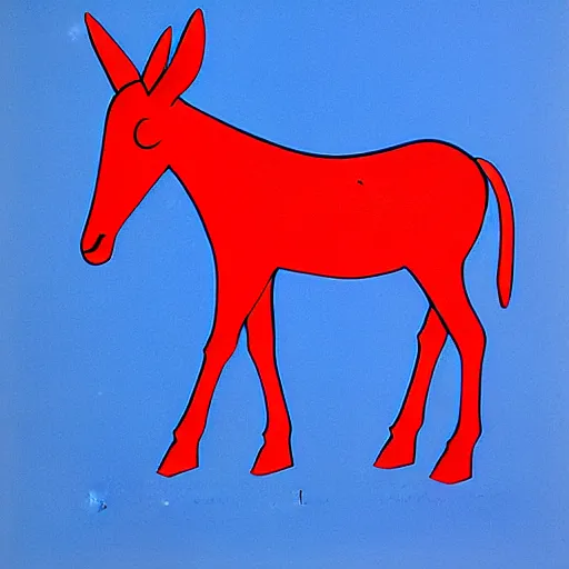 Image similar to lithograph side view of standing donkey against white background, duotone, cycladic sculptural style, full body, flat colors, iconic, simplified, ultramarine blue and red iron oxide