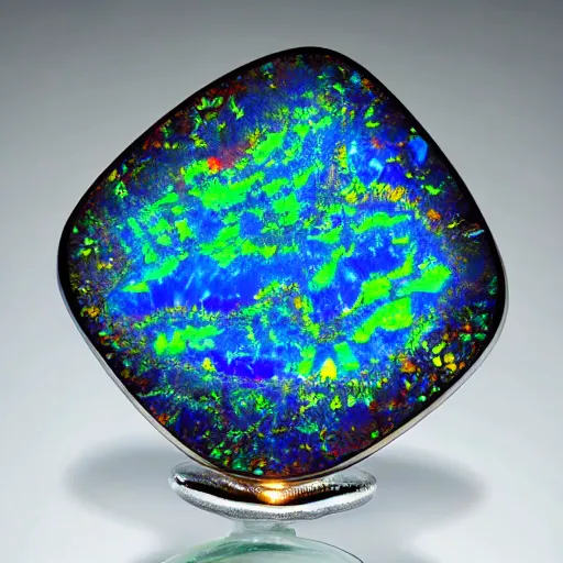 Prompt: award for best movie, iridescent boulder opal, symmetrical, highly intricate, dendritic, museum lighting