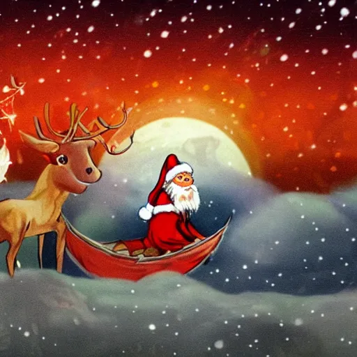 Image similar to evil santa claus rides his fiery chariot through the night sky being led by demonic reindeer