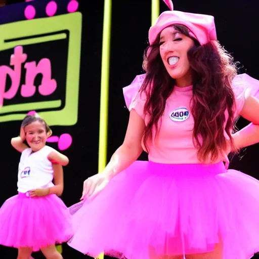 Image similar to Tiffany Day getting Nickelodeon slimed at Nickfest in a pink tutu and black boots