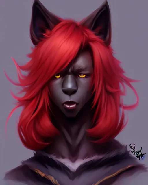 Image similar to character concept art of a black anthropomorphic furry male wolf long red hair | | cute - fine - face, pretty face, key visual, realistic shaded perfect face, fine details by stanley artgerm lau, wlop, rossdraws, james jean, andrei riabovitchev, marc simonetti, and sakimichan, trending on artstation