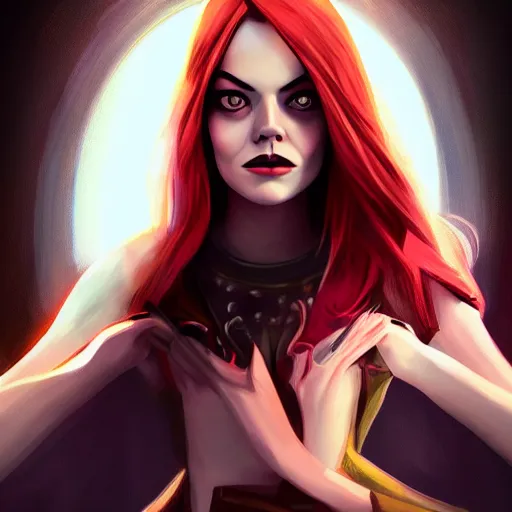 Image similar to emma stone portrait, arcane netflix, arcane vi, arcane jinx, concept portrait, riot, acrace catoon, detailed expression, high quality, cinematic lighting, fantasy, reflective, spotlight, digital artwork