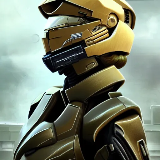 Image similar to A combination of Ada Wong's and Grace Kelly's and Ashley Greene's appearances with blonde hair wearing Master Chief's armor from Halo, high tech, action shot, angular, CGI, full body portrait, futuristic, dramatic, fantasy, intricate, elegant, highly detailed, digital painting, artstation, concept art, matte, sharp focus, illustration, art by Donato Giancola and James Gurney