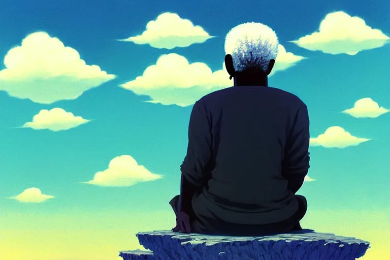 Image similar to Pixiv Digital art Full Body Extreme Detailed Full and Isolated and singular portrait of Morgan Freeman sitting on a Cloud in the sky. His legs are crossed lotus position in the scene is full of clouds by Ilya Kuvshinov and Greg Rutkowski