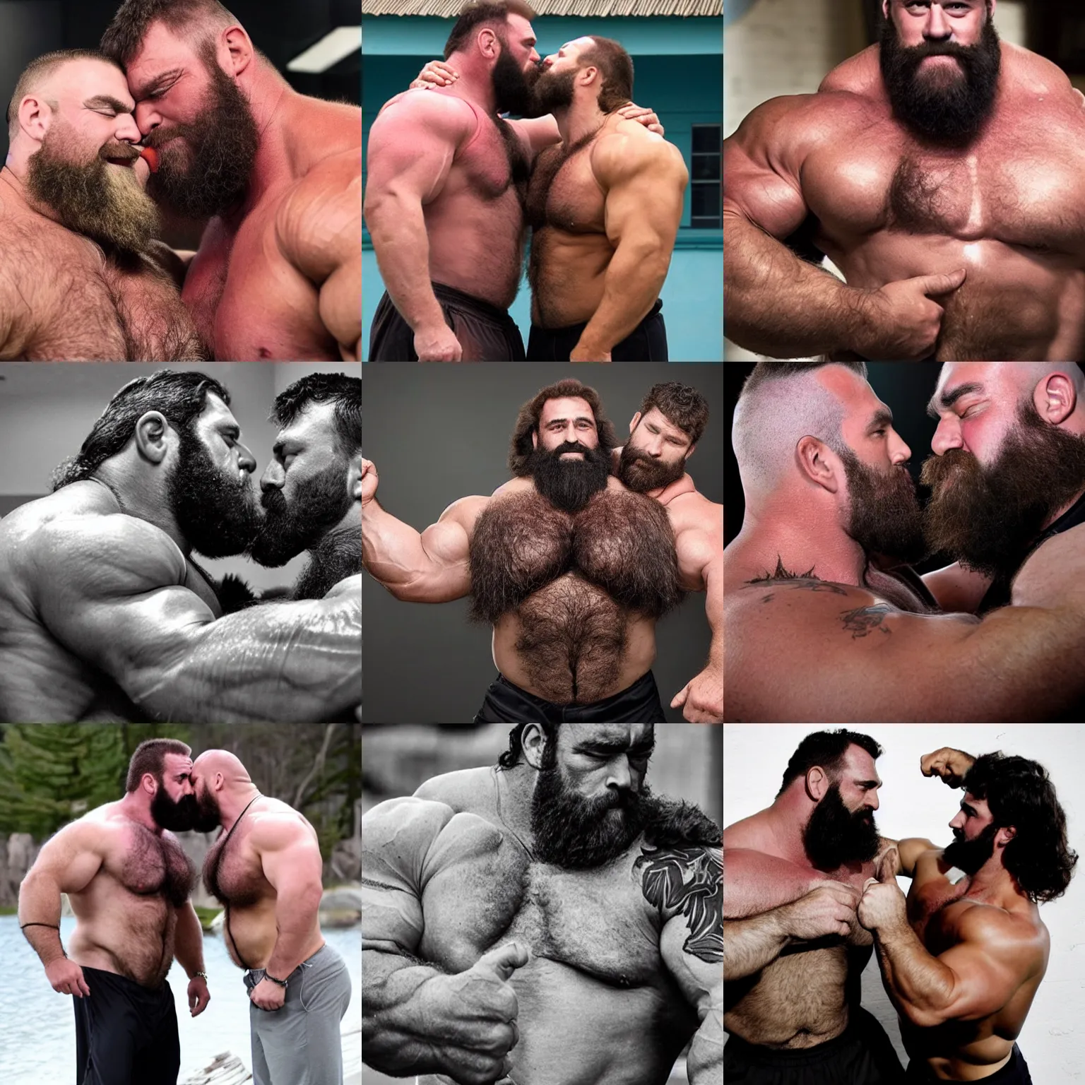 Prompt: big burly hairy manly strongmen flexing and kissing each other