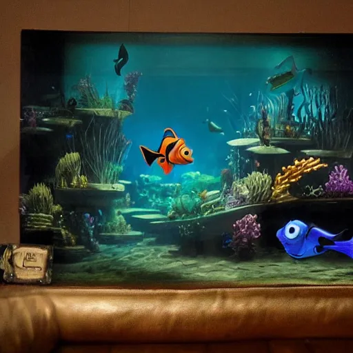 Image similar to evil dory chasing nemo through dark waters, creepy, dark, atmospheric, detailed, photorealistic