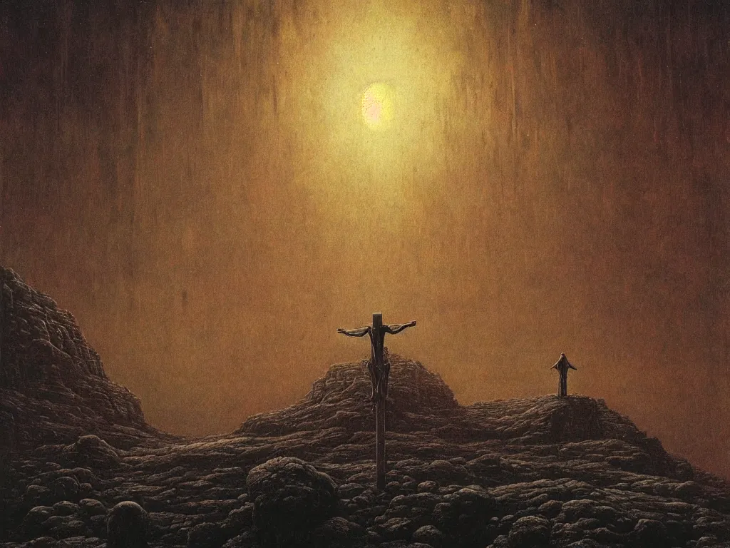 Image similar to jesus christ crucifixion in distance on an alien planet by beksinski, wide angle, beksinski monsters around, fantasy, scary, award winning 8k high detail highly detailed