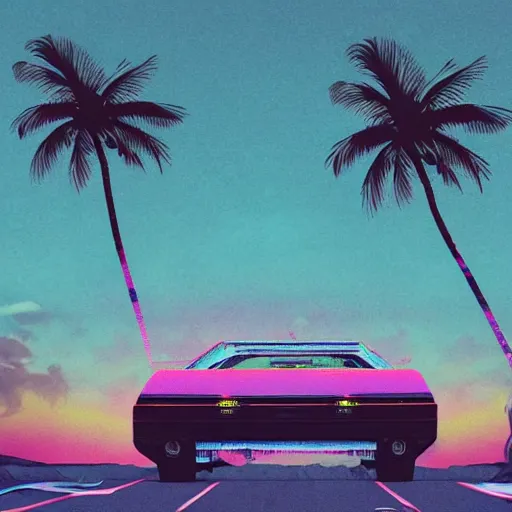 Image similar to car wide shot epic post apocalyptic landscape miami nuke fire craters end of the world miami beach sunset vapor wave palm trees 80s synth retrowave delorean decal