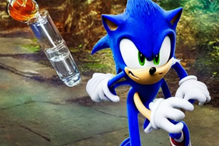 Prompt: Sonic the hedgehog smoking out of a bong