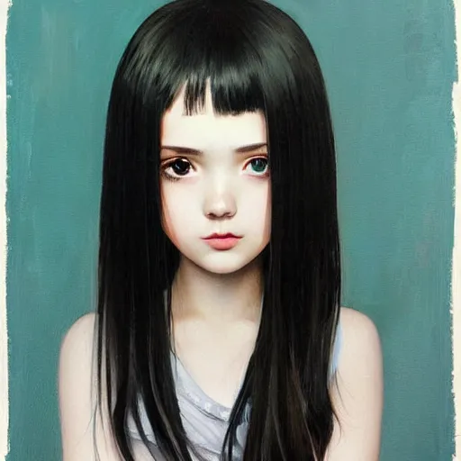 Image similar to a painting of cute innocent happy emo young adult, with long dark hair, thick eyebrows, dark eyes and dark circles wide nose, big eyes, oval face, big cheeks holding her cat, photorealistic painting by tran nguyen ilya kuvshinov and greg rutkowski featured on deviantart, detailed painting