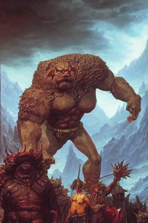 Image similar to a dungeons and dragons ogre, realistic oil painting by thomas cole and wayne barlowe