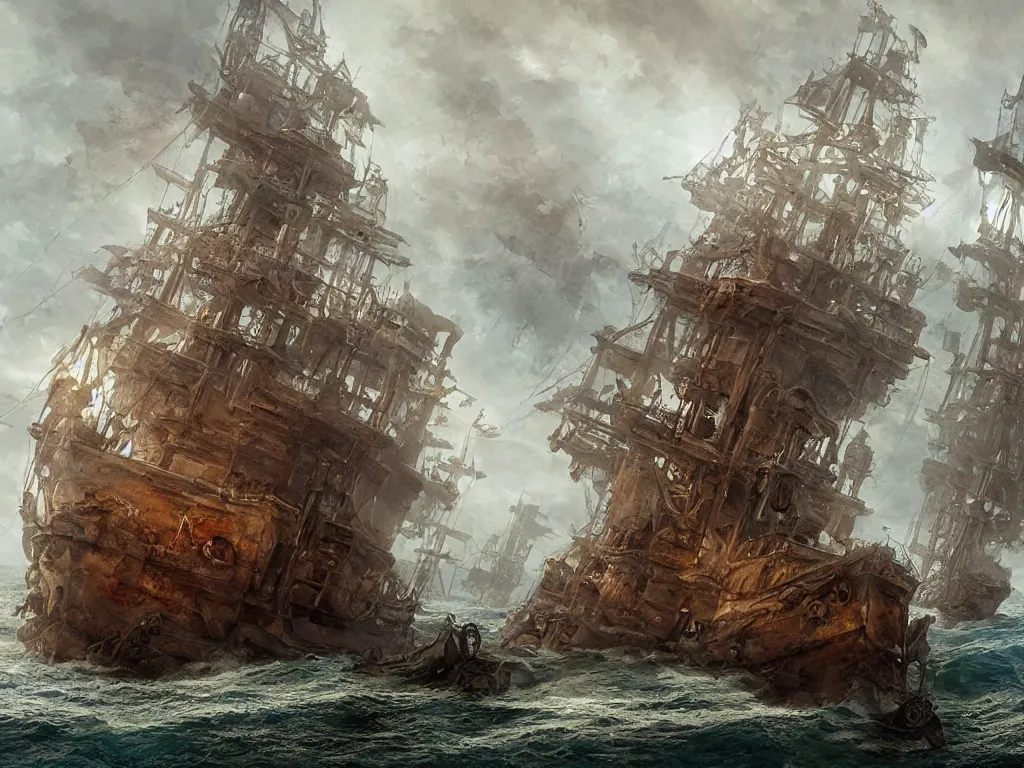 Prompt: detailed matte painting of a pirate ship wreck piercing the sea, holocaust on the water, blood in the sea, detailed pirate ship, by marc simonetti