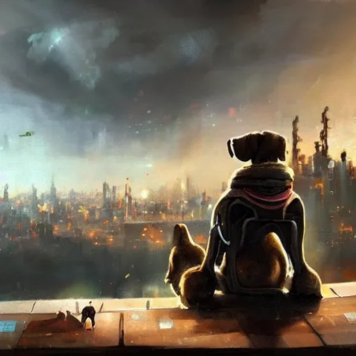 Prompt: a dog and a robot watching destroyed city from a rooftop, painting , beautiful, Concept art