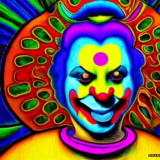 Prompt: Clown holding a flower, surrealistic, psychedelic, technicolor, in the style of Alex Grey, HDR