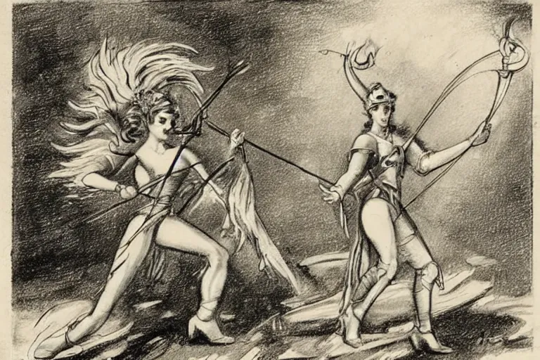 Image similar to Vintage, beautiful, sketch of the goddess artemis aiming a bow at a robot deer.