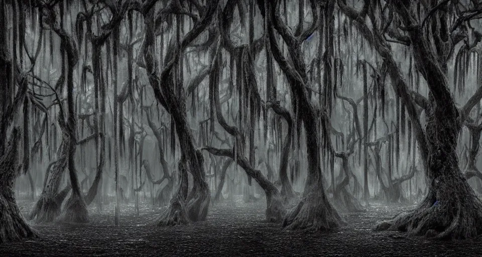 Image similar to A dense and dark enchanted forest with a swamp, by Steve Argyle