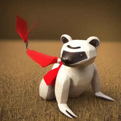 Image similar to a humanoid friendly badger on white background, he‘s running towards the camera, he‘s wearing a very small red neckerchief, digital render